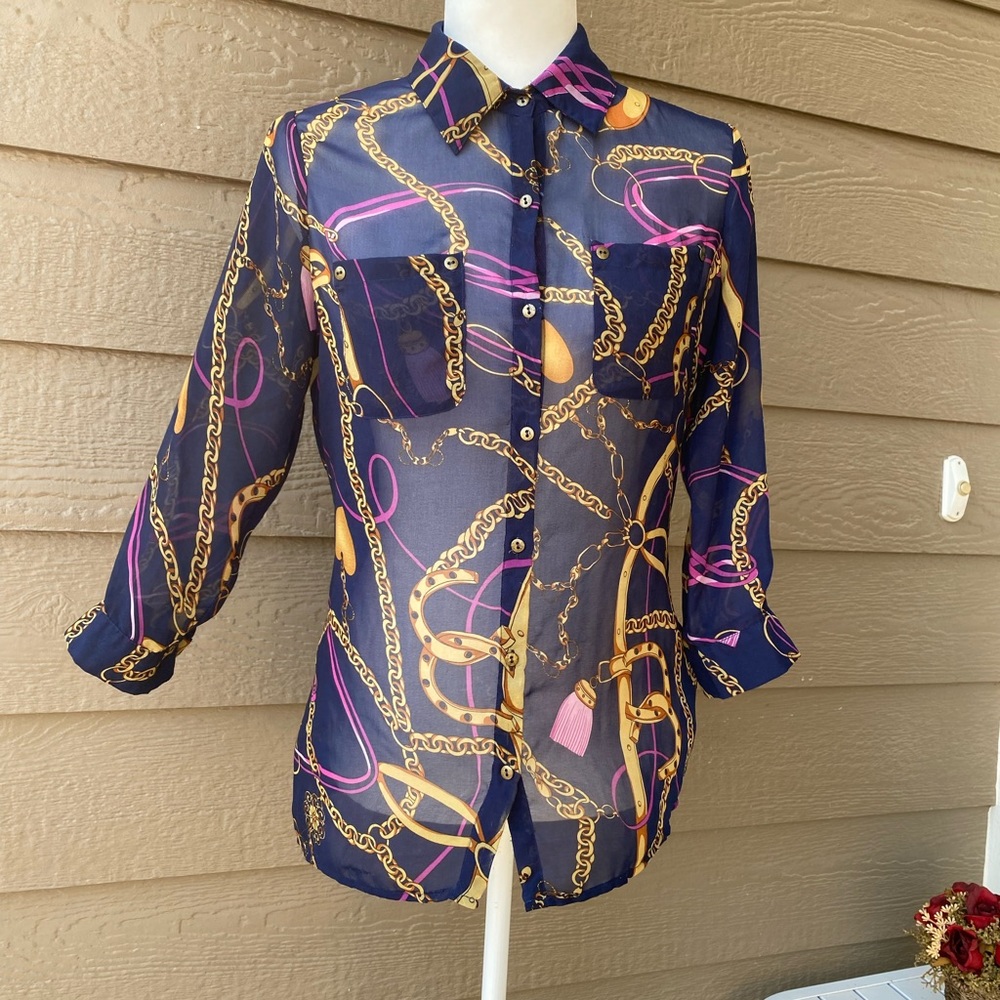 XXI chain print blouse shirt semi-sheer women’s size S